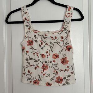 Old Navy Womens Floral Ribbed Tank Top Small (S) Cotton Blend White